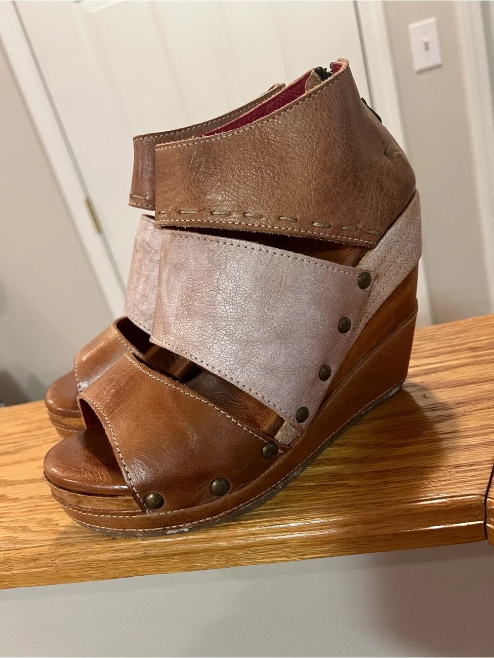 Bed Stu Brown and Light Tan Leather Crossover Wedge Sandals